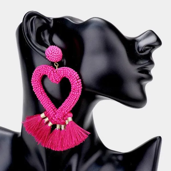 Seed Bead Heart Pink Tassel Earrings
