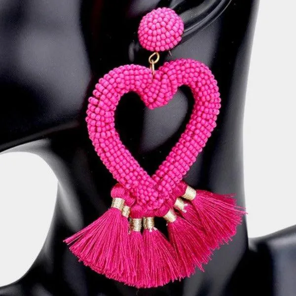 Seed Bead Heart Pink Tassel Earrings