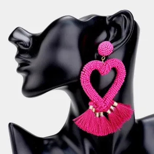Seed Bead Heart Pink Tassel Earrings