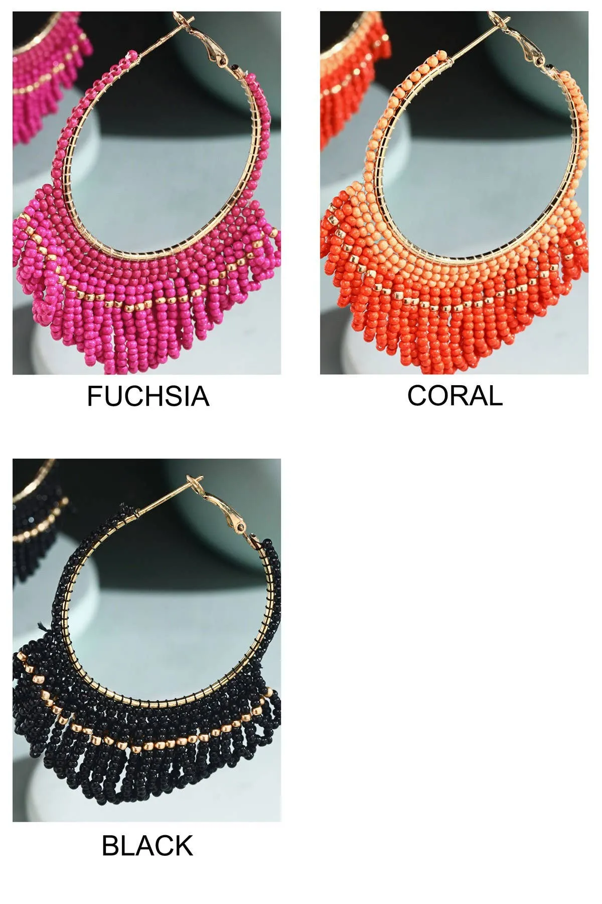 Seed Bead Loop Tassel Hoop Earring : FUCHSIA(GDFUS)