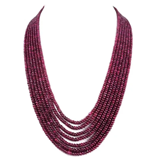 Seven Row 3 mm-4 mm Cabochon Ruby Necklace in 925 Silver