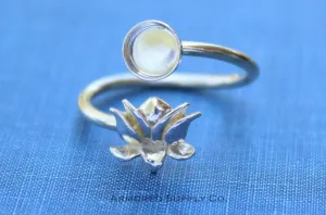 Silver 10mm Round Lotus Flower Wrap Bypass Adjustable Ring blank