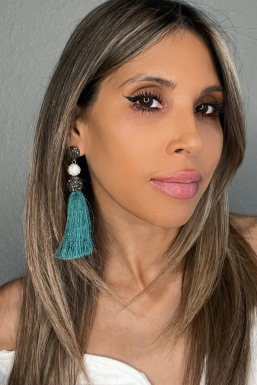 Silver & Hematite Crystal Teal Thread Tassel Earring