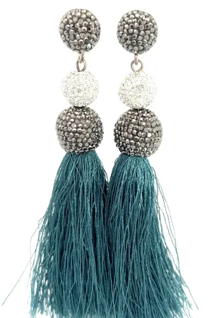 Silver & Hematite Crystal Teal Thread Tassel Earring