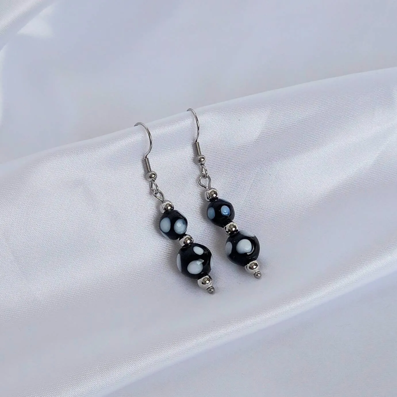 Silver Bead Drop Earrings - Spotty Bead Earrings,Spotty Bead Jewellery,Beaded Earrings In The UK,Beaded Jewellery,Long Drop Earrings