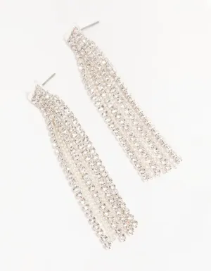 Silver Diamante Chain Tassel Drop Earrings