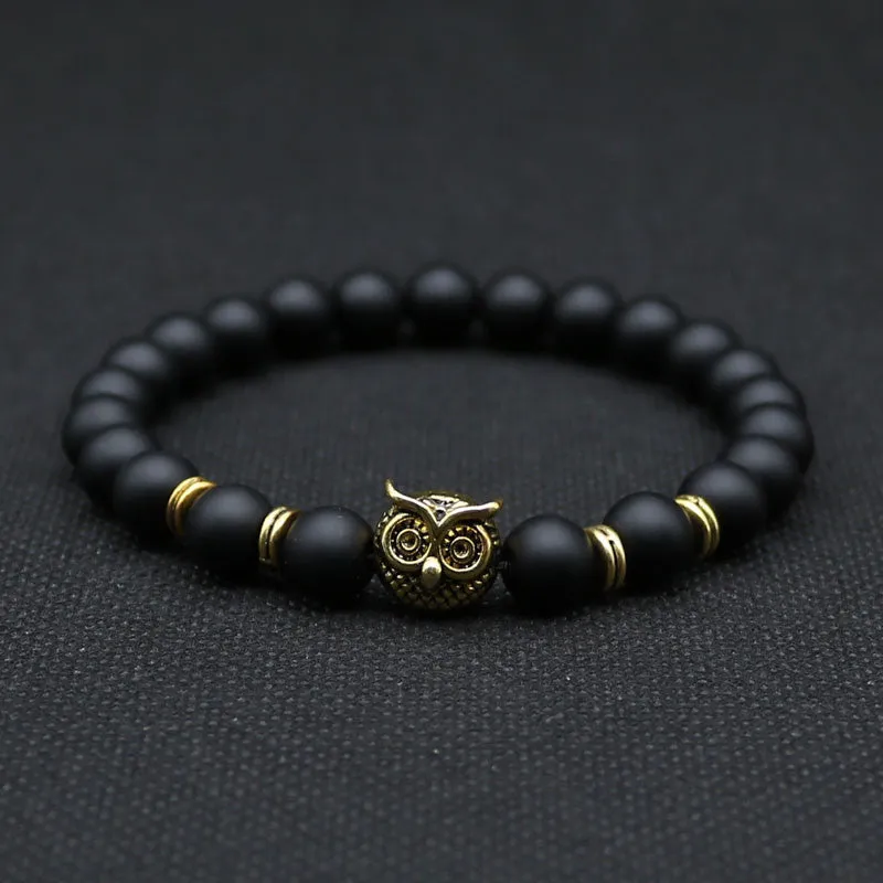 Silver Gold Owl Head Stone Lava Beads Bracelets