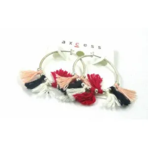 Silver Hoops Multi-Color Boho Tassel Fringe Earrings