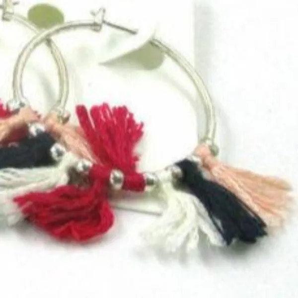 Silver Hoops Multi-Color Boho Tassel Fringe Earrings