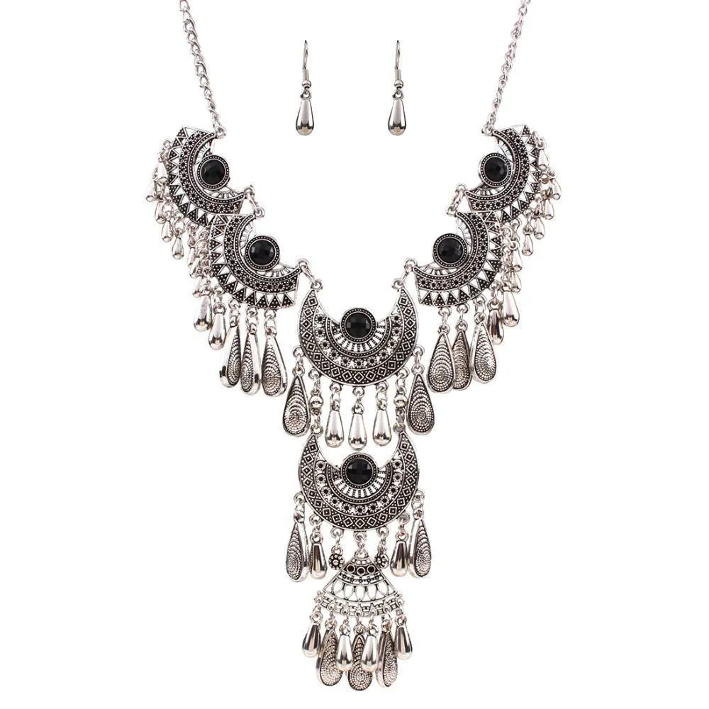 Silver Plated Tassel Earrings and Necklace Set