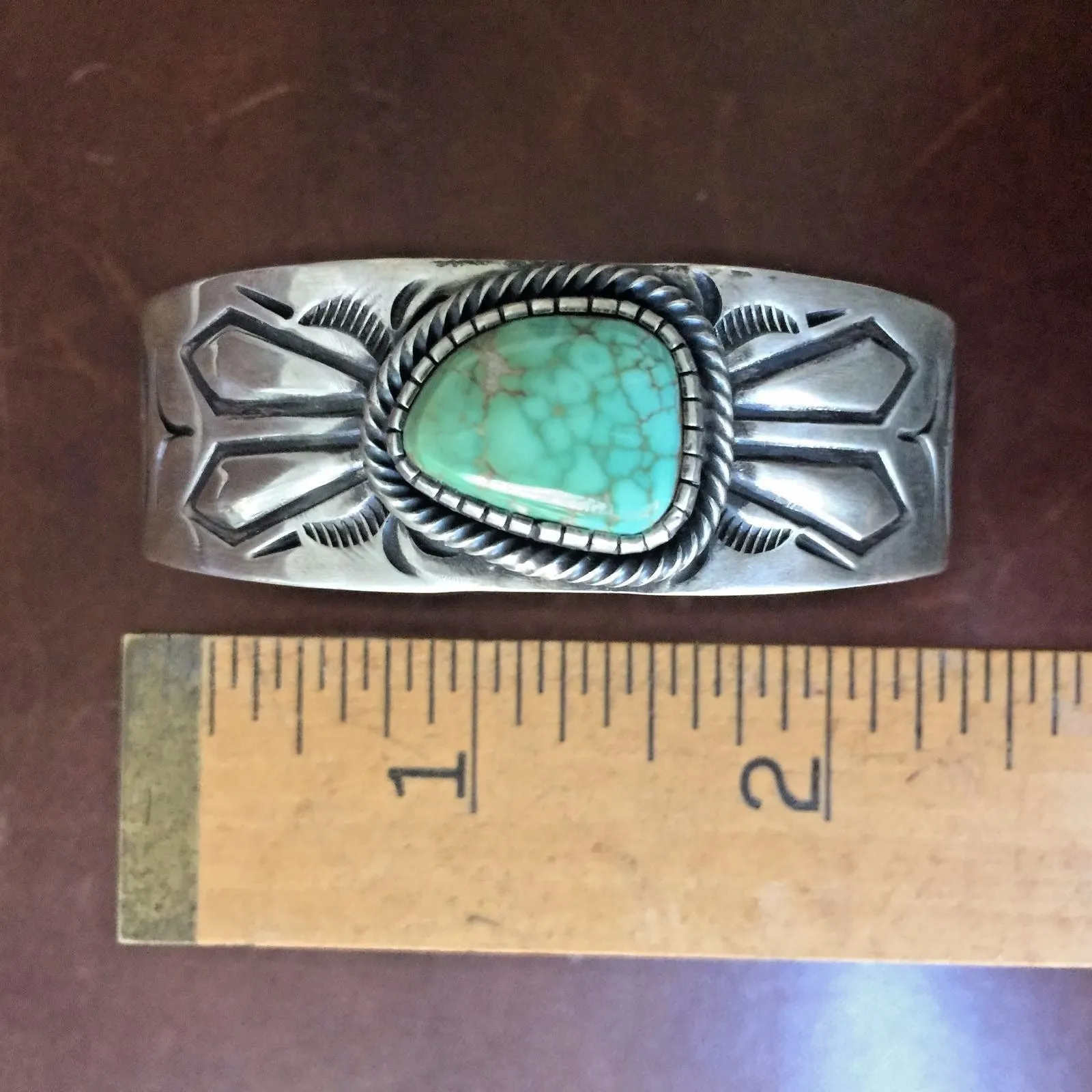 Silver Stamp Handmade Carico Lake Turquoise Bracelet Signed by Paul Livingston
