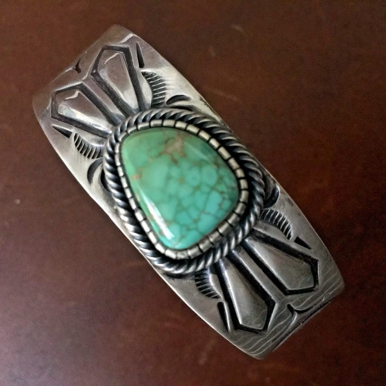 Silver Stamp Handmade Carico Lake Turquoise Bracelet Signed by Paul Livingston