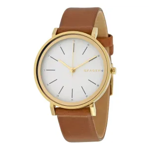 Skagen Hald Brown Leather Strap White Dial Quartz Watch for Ladies - SKW2512