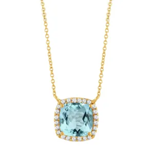 Sky Blue 18K Yellow Gold Blue Topaz Diamond Halo Pendant Necklace