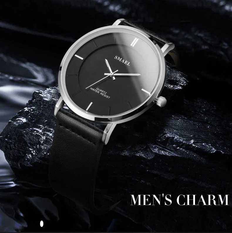 SMAEL Fashion 8MM Ultra-thin Mens Watches Leather Strap Simple style Business Men Waterproof Watch Male Clock Relogio Masculino