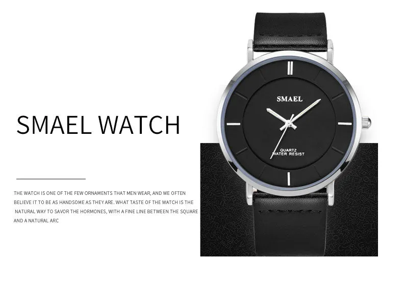 SMAEL Fashion 8MM Ultra-thin Mens Watches Leather Strap Simple style Business Men Waterproof Watch Male Clock Relogio Masculino