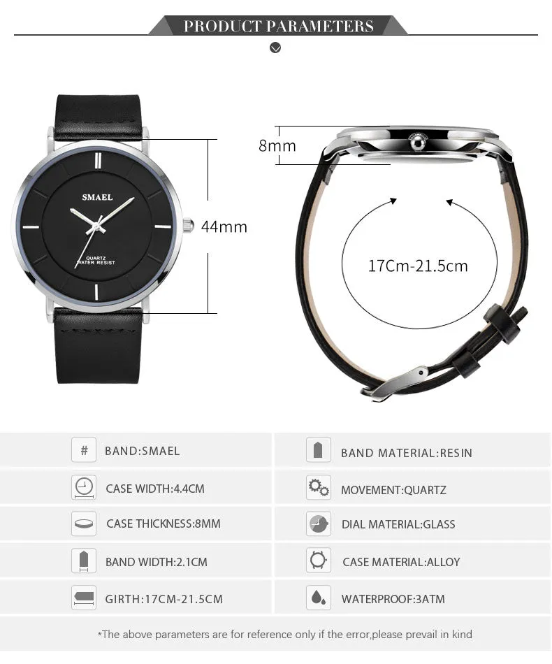 SMAEL Fashion 8MM Ultra-thin Mens Watches Leather Strap Simple style Business Men Waterproof Watch Male Clock Relogio Masculino