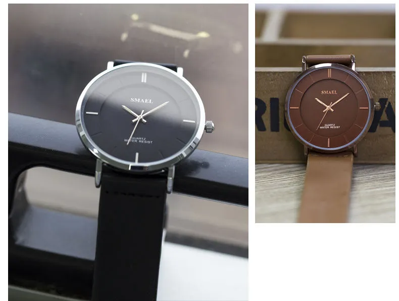 SMAEL Fashion 8MM Ultra-thin Mens Watches Leather Strap Simple style Business Men Waterproof Watch Male Clock Relogio Masculino
