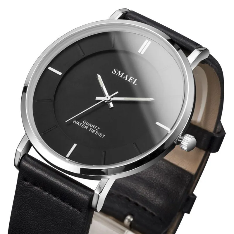 SMAEL Fashion 8MM Ultra-thin Mens Watches Leather Strap Simple style Business Men Waterproof Watch Male Clock Relogio Masculino