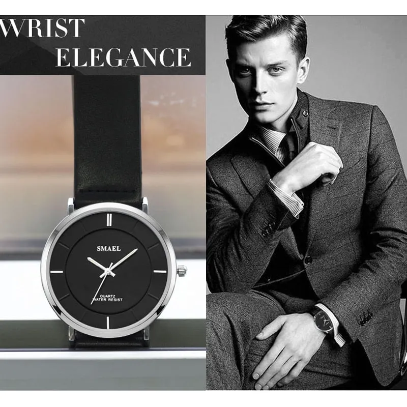 SMAEL Fashion 8MM Ultra-thin Mens Watches Leather Strap Simple style Business Men Waterproof Watch Male Clock Relogio Masculino