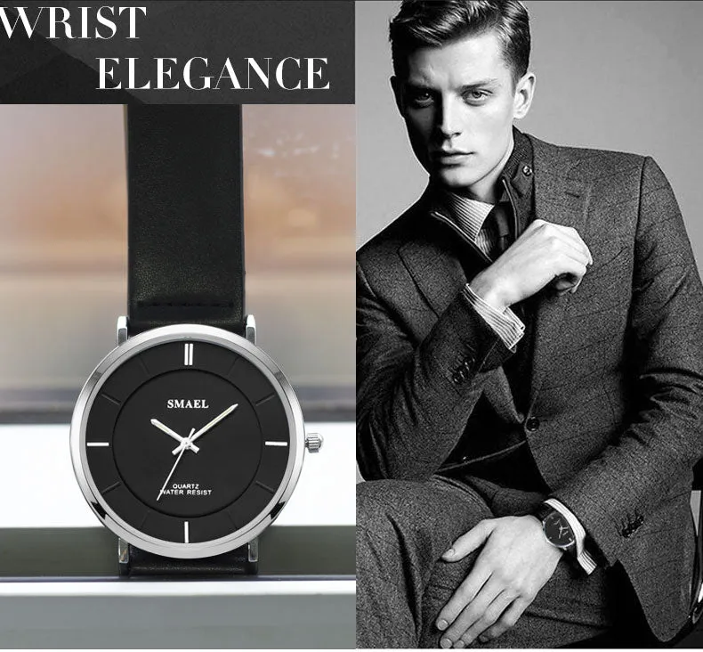 SMAEL Fashion 8MM Ultra-thin Mens Watches Leather Strap Simple style Business Men Waterproof Watch Male Clock Relogio Masculino