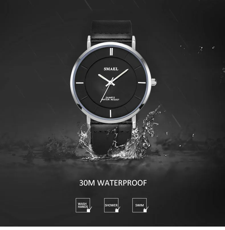 SMAEL Fashion 8MM Ultra-thin Mens Watches Leather Strap Simple style Business Men Waterproof Watch Male Clock Relogio Masculino