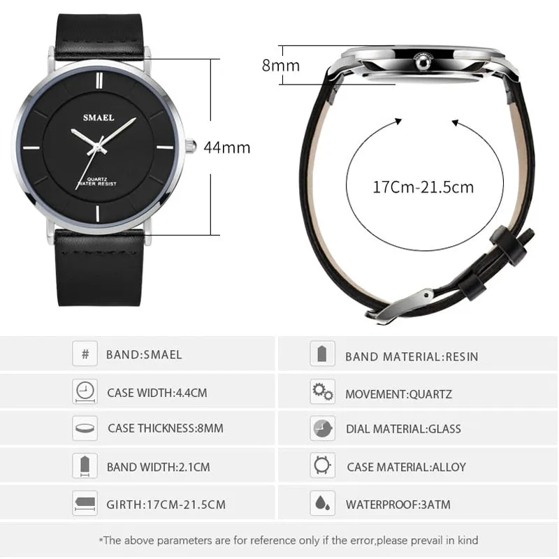 SMAEL Fashion 8MM Ultra-thin Mens Watches Leather Strap Simple style Business Men Waterproof Watch Male Clock Relogio Masculino