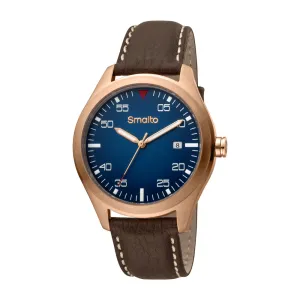 Smalto Men's Stainless Steel Watch With Dark Brown Leather Strap & Blue Dial