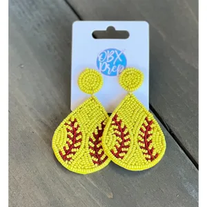 Softball Teardrop Seed Beaded Dangle Earrings.