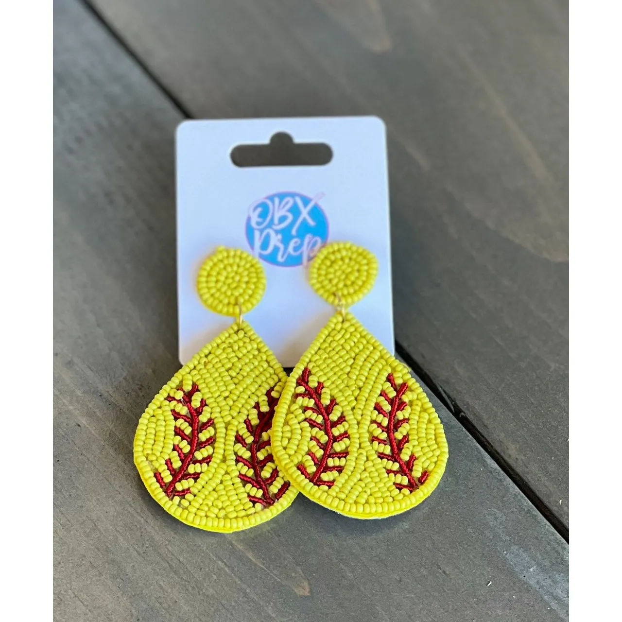 Softball Teardrop Seed Beaded Dangle Earrings.
