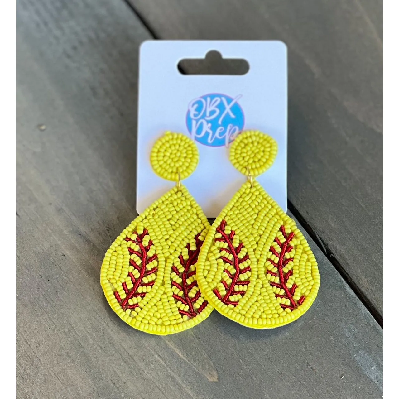 Softball Teardrop Seed Beaded Dangle Earrings.