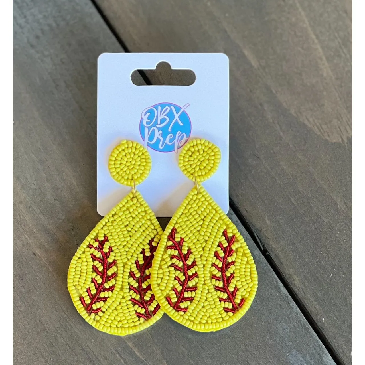 Softball Teardrop Seed Beaded Dangle Earrings.