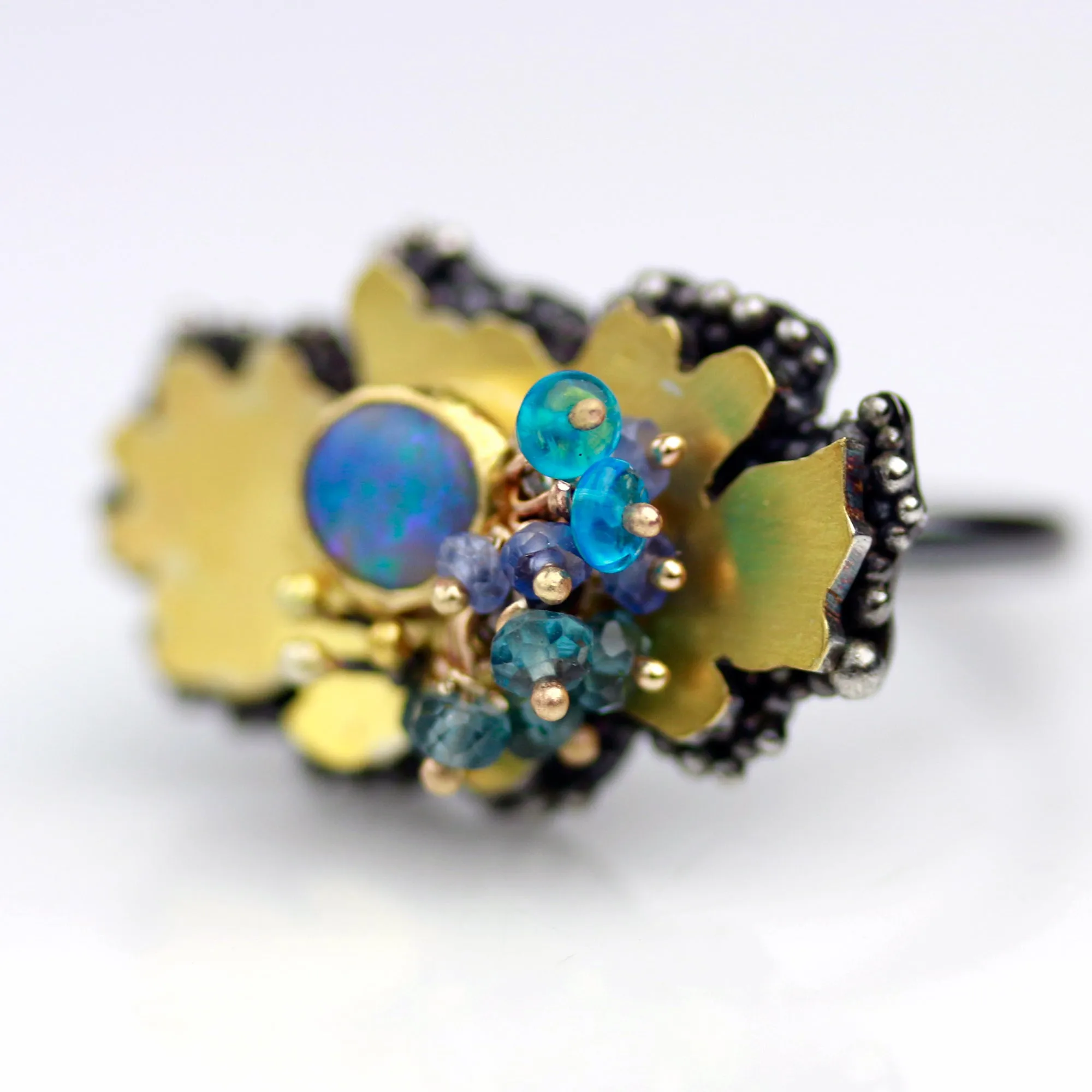 SOLD. Blue Green Opal Stacked Daisy Ring. Size 7.75-8.25