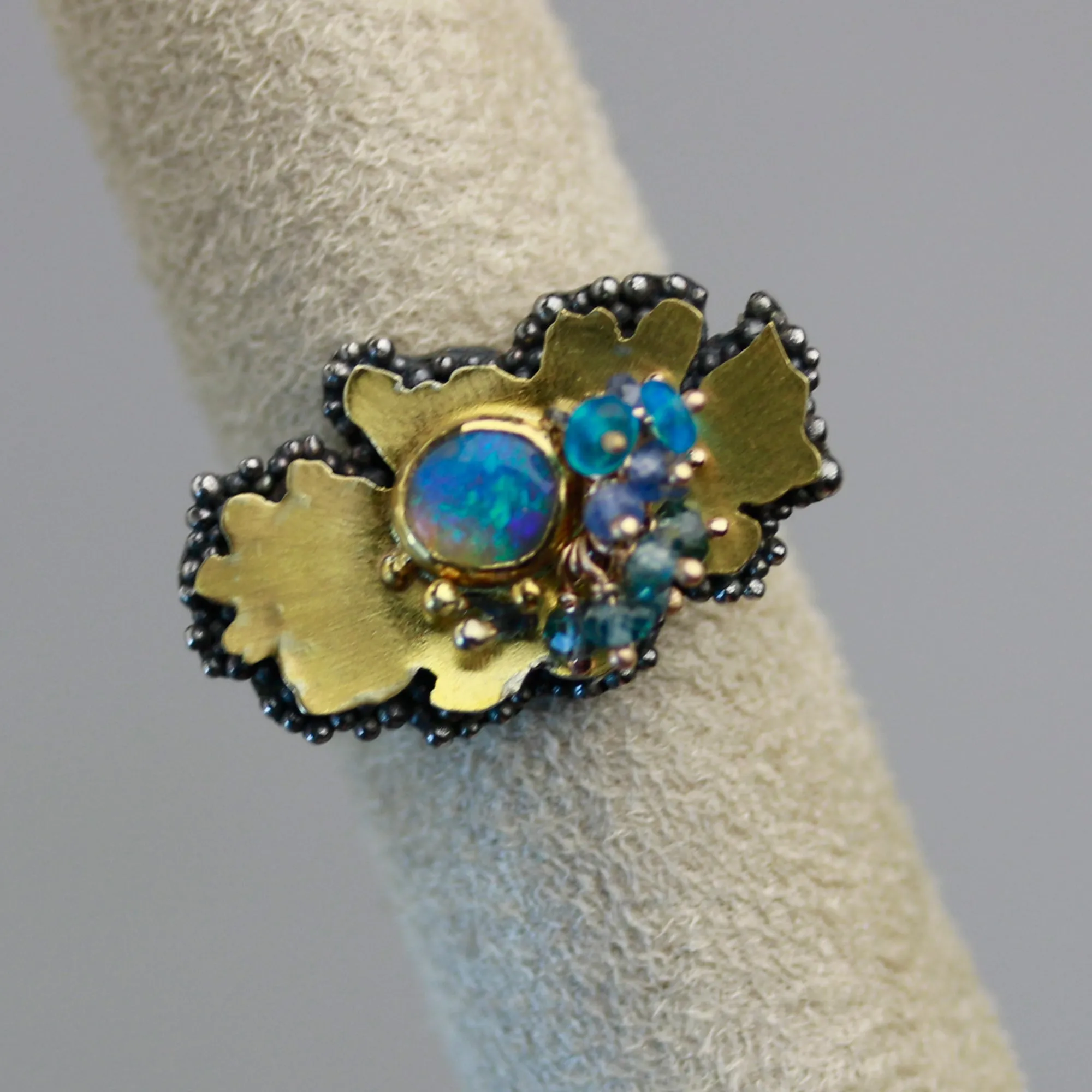 SOLD. Blue Green Opal Stacked Daisy Ring. Size 7.75-8.25