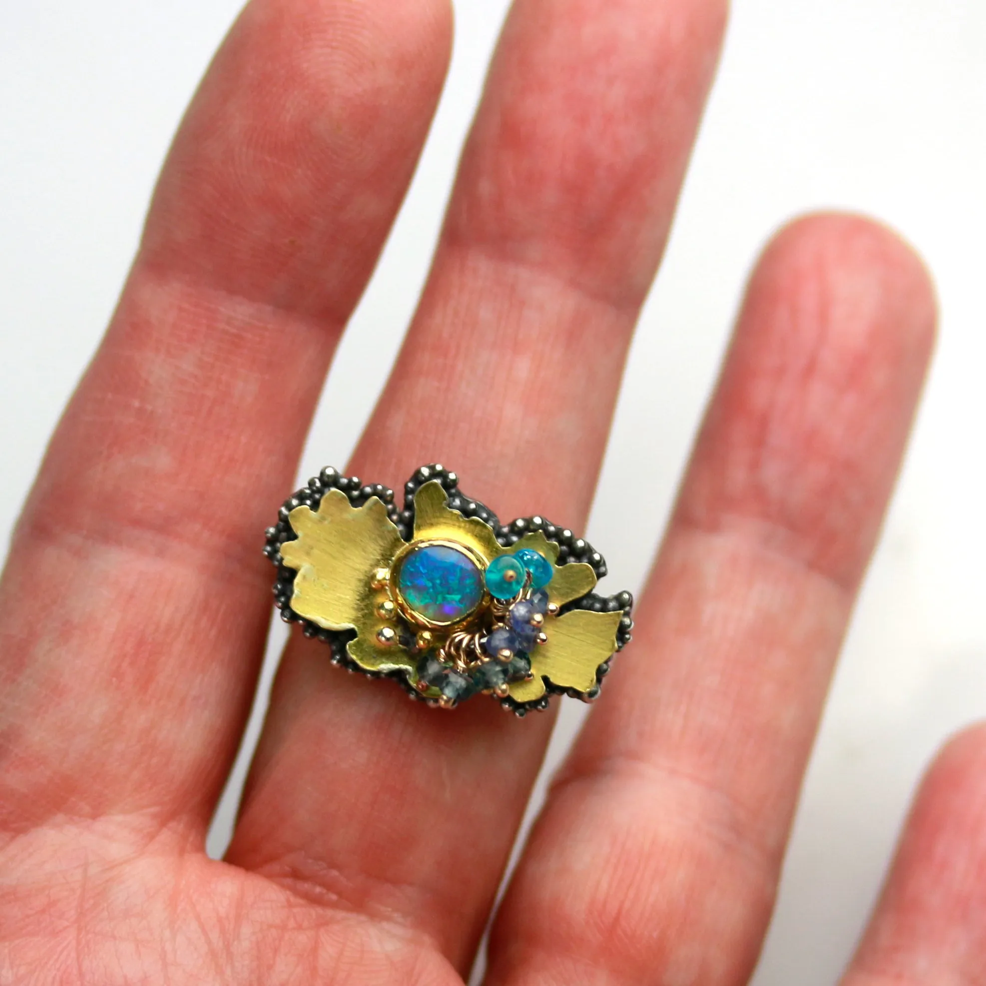 SOLD. Blue Green Opal Stacked Daisy Ring. Size 7.75-8.25