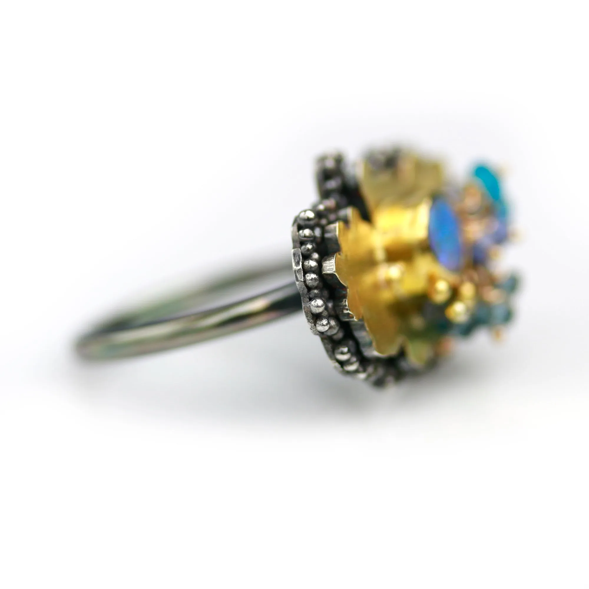 SOLD. Blue Green Opal Stacked Daisy Ring. Size 7.75-8.25