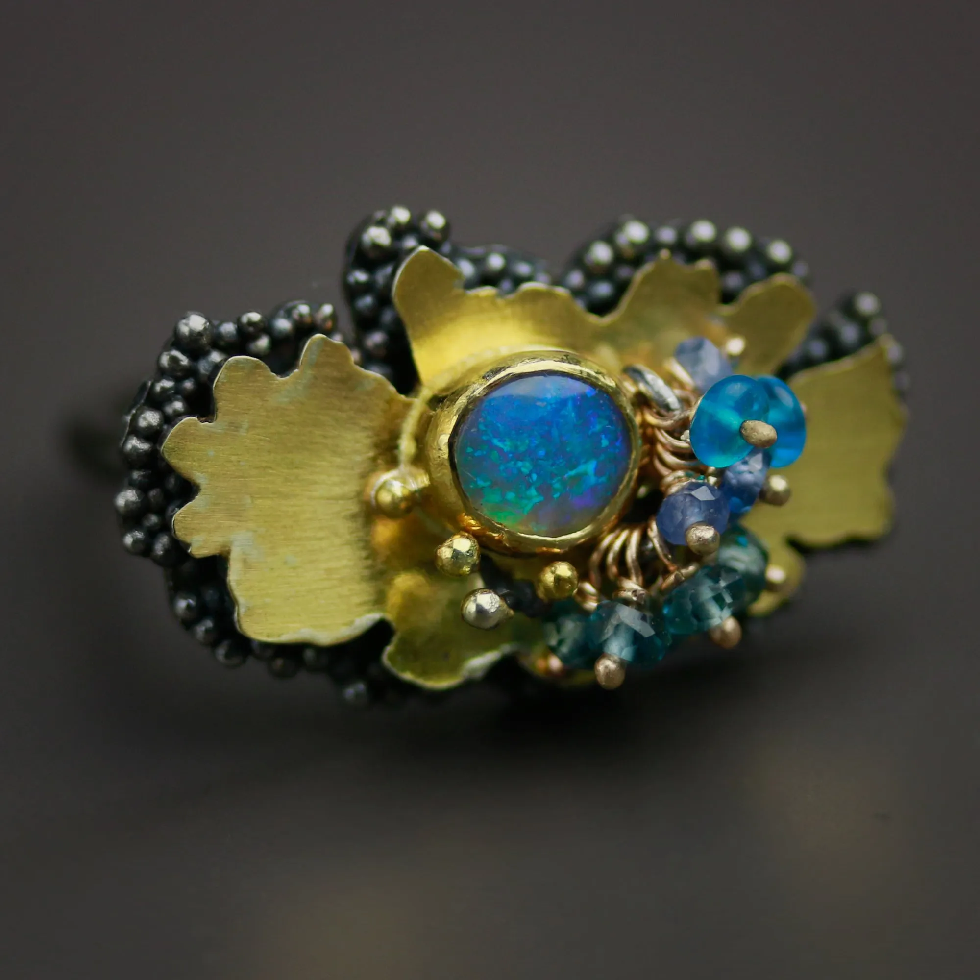 SOLD. Blue Green Opal Stacked Daisy Ring. Size 7.75-8.25