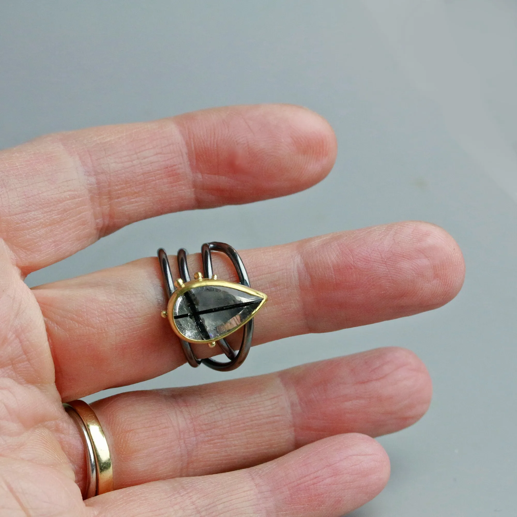 SOLD Tourmalinated Quartz on Swirled Band. Size 6 1/2.