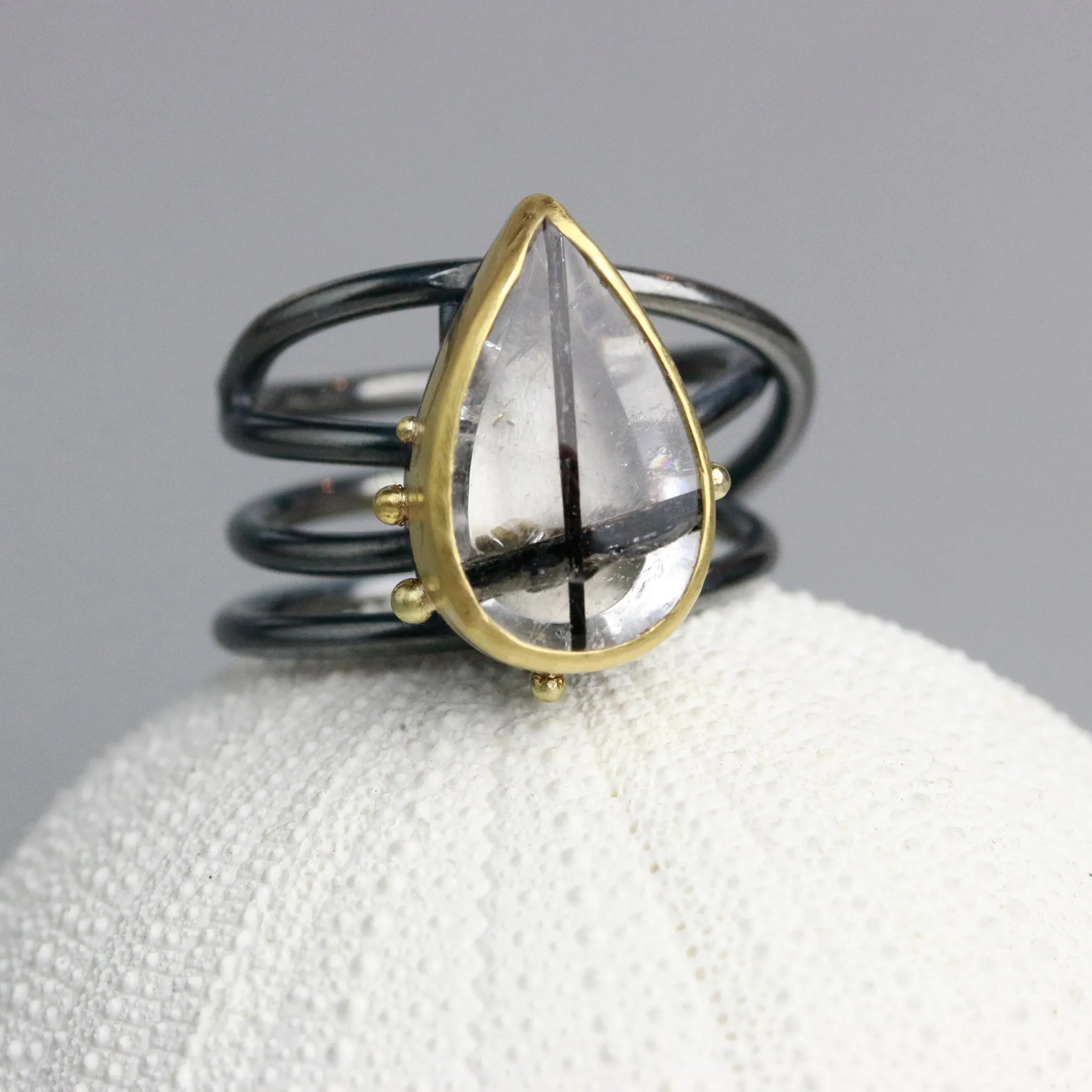 SOLD Tourmalinated Quartz on Swirled Band. Size 6 1/2.
