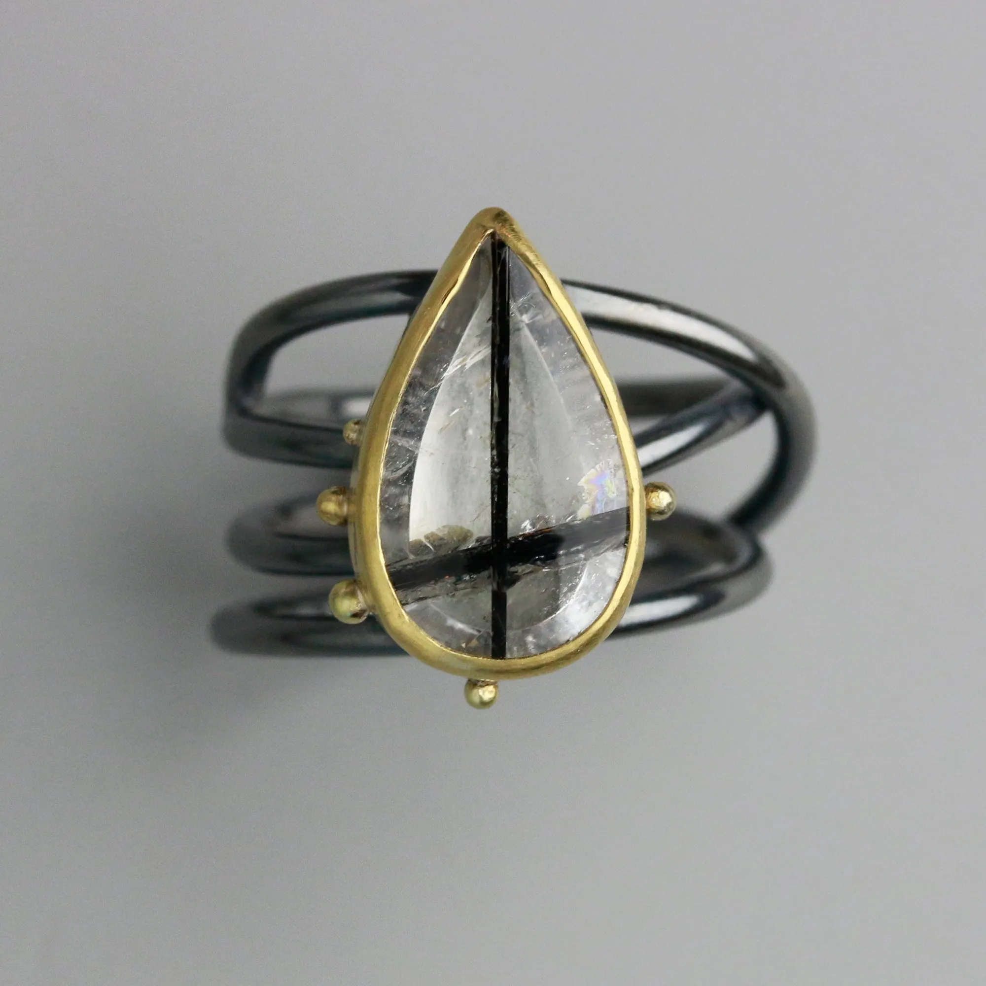 SOLD Tourmalinated Quartz on Swirled Band. Size 6 1/2.