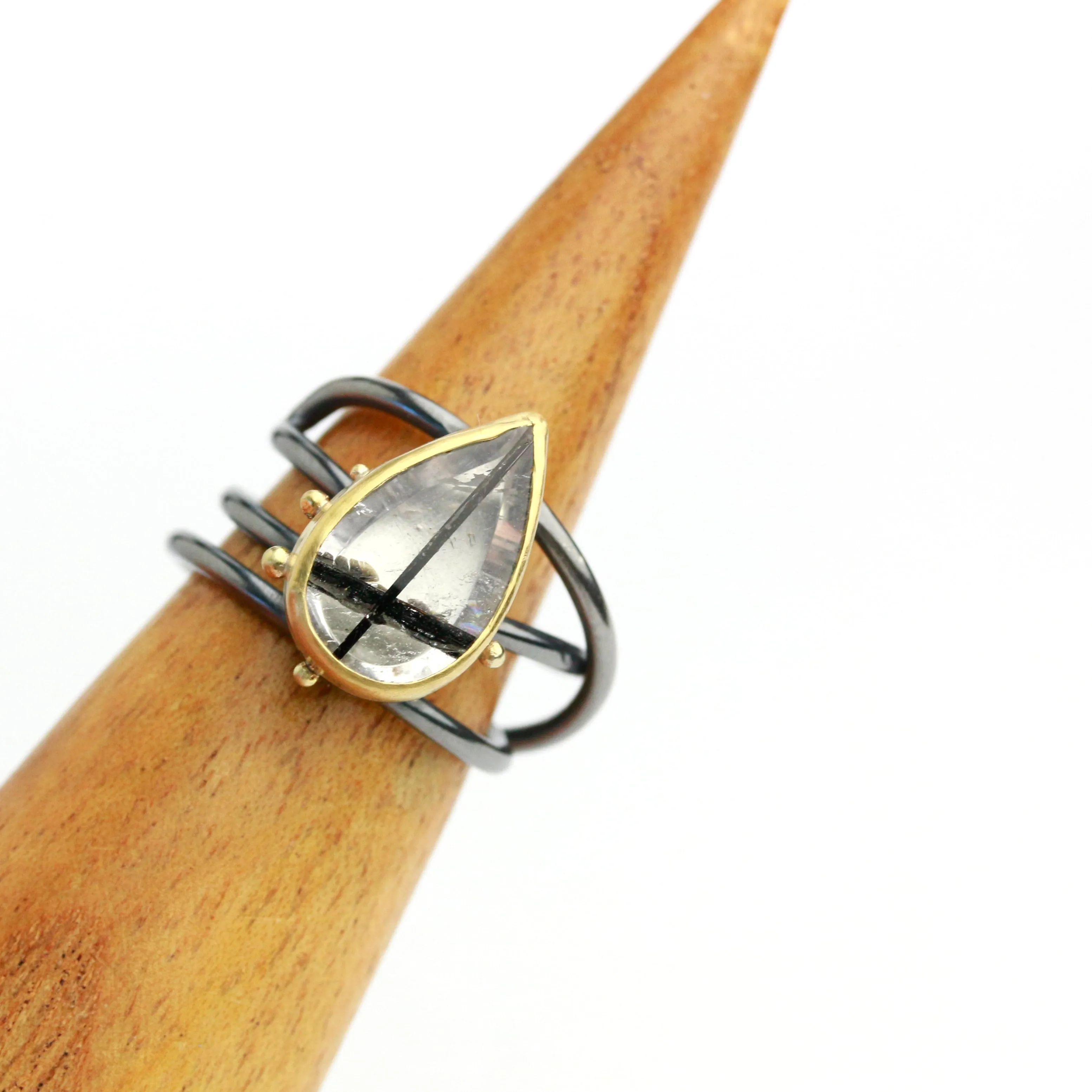 SOLD Tourmalinated Quartz on Swirled Band. Size 6 1/2.