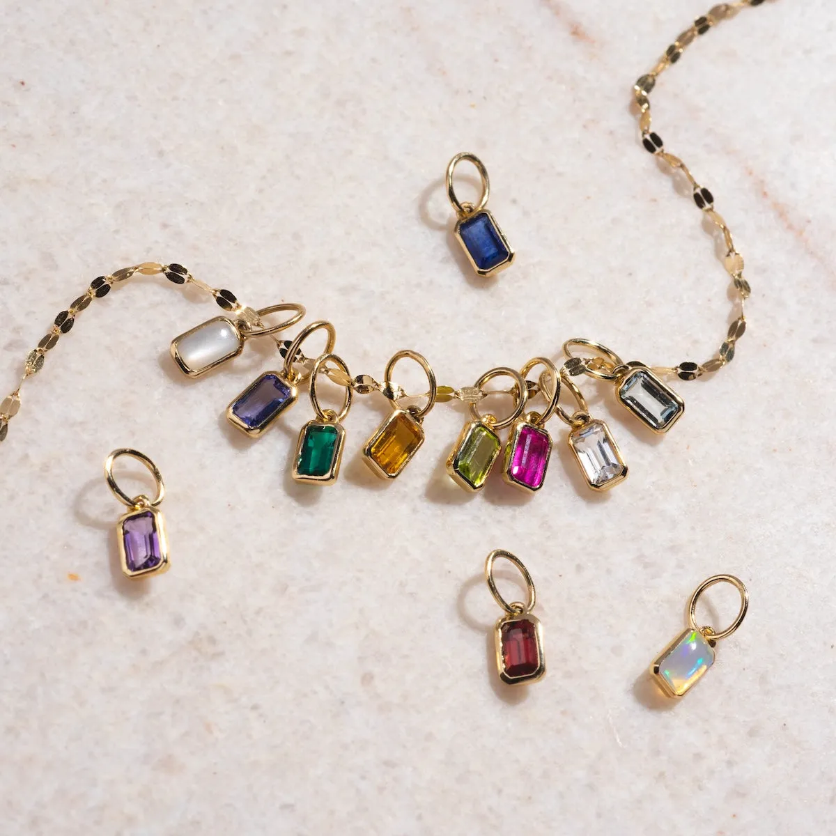 Solid Gold Birthstone Baguette Charm