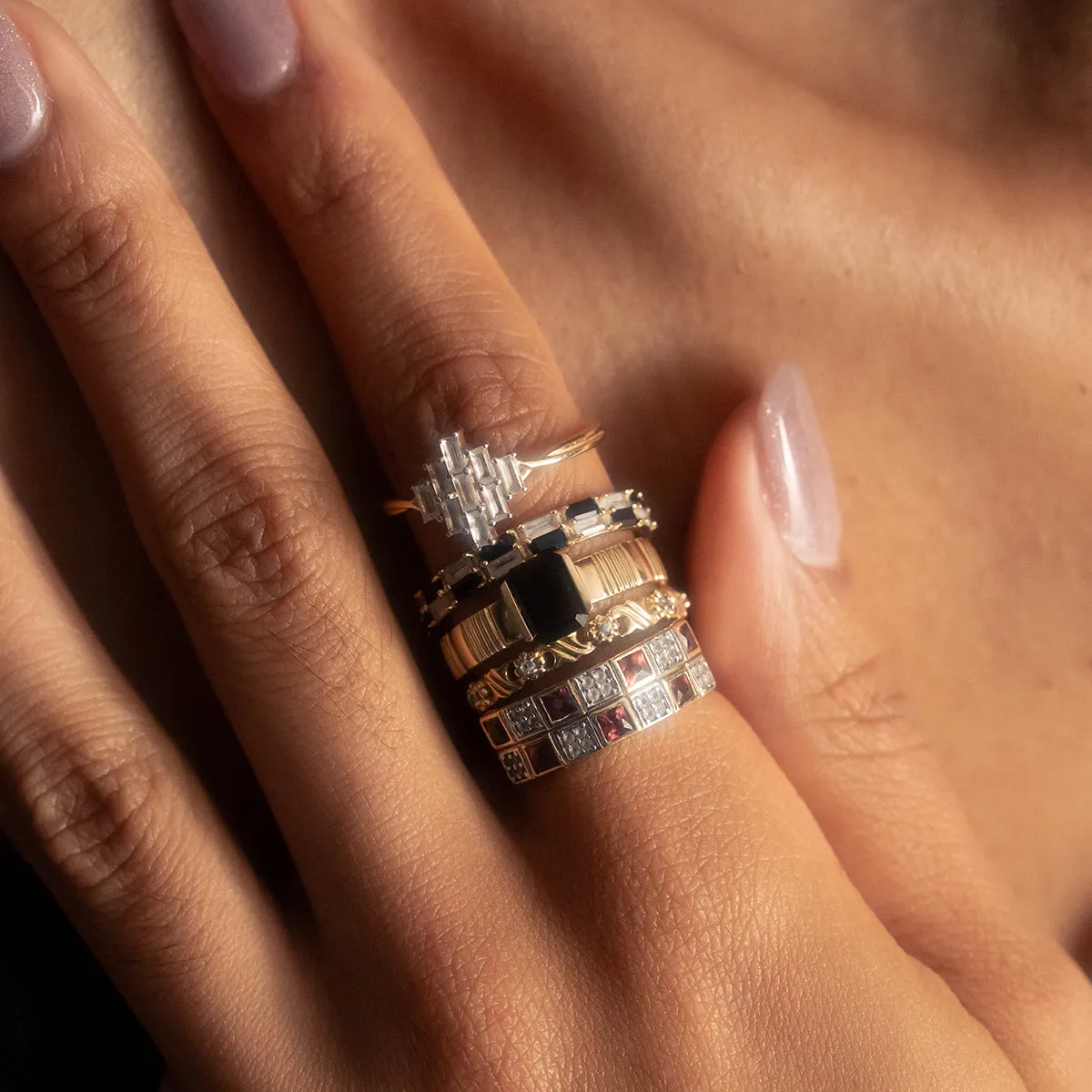 Solid Gold Garnet and Topaz Checkerboard Band