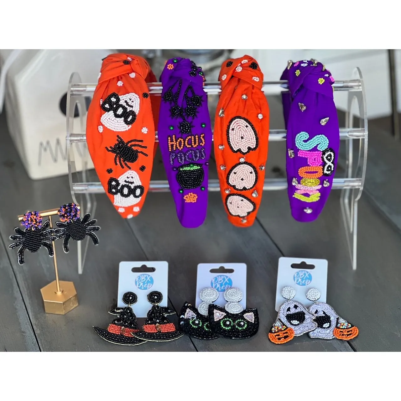 Spooky Rhinestone Halloween Top Knot Seed Beaded Handmade Headband