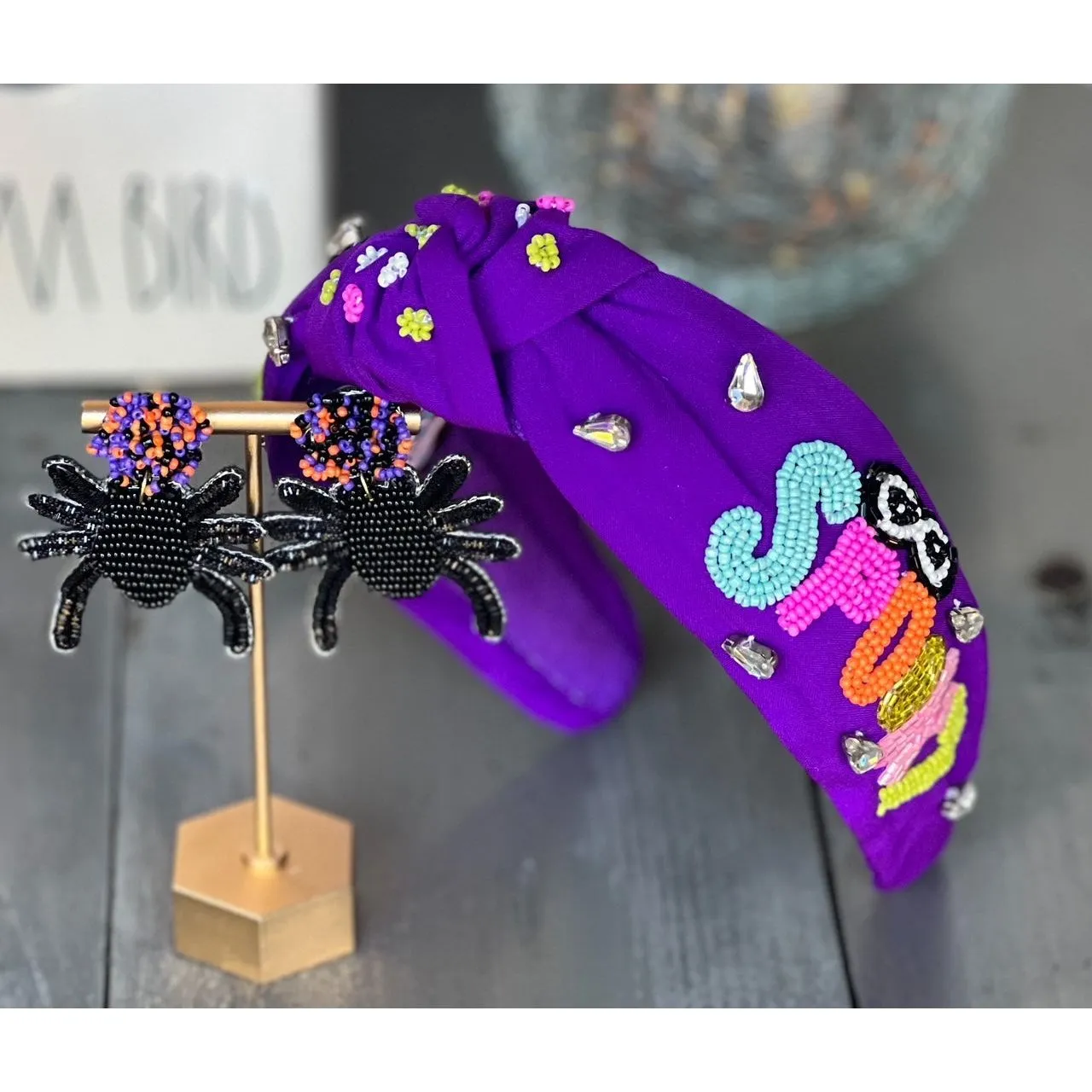 Spooky Rhinestone Halloween Top Knot Seed Beaded Handmade Headband
