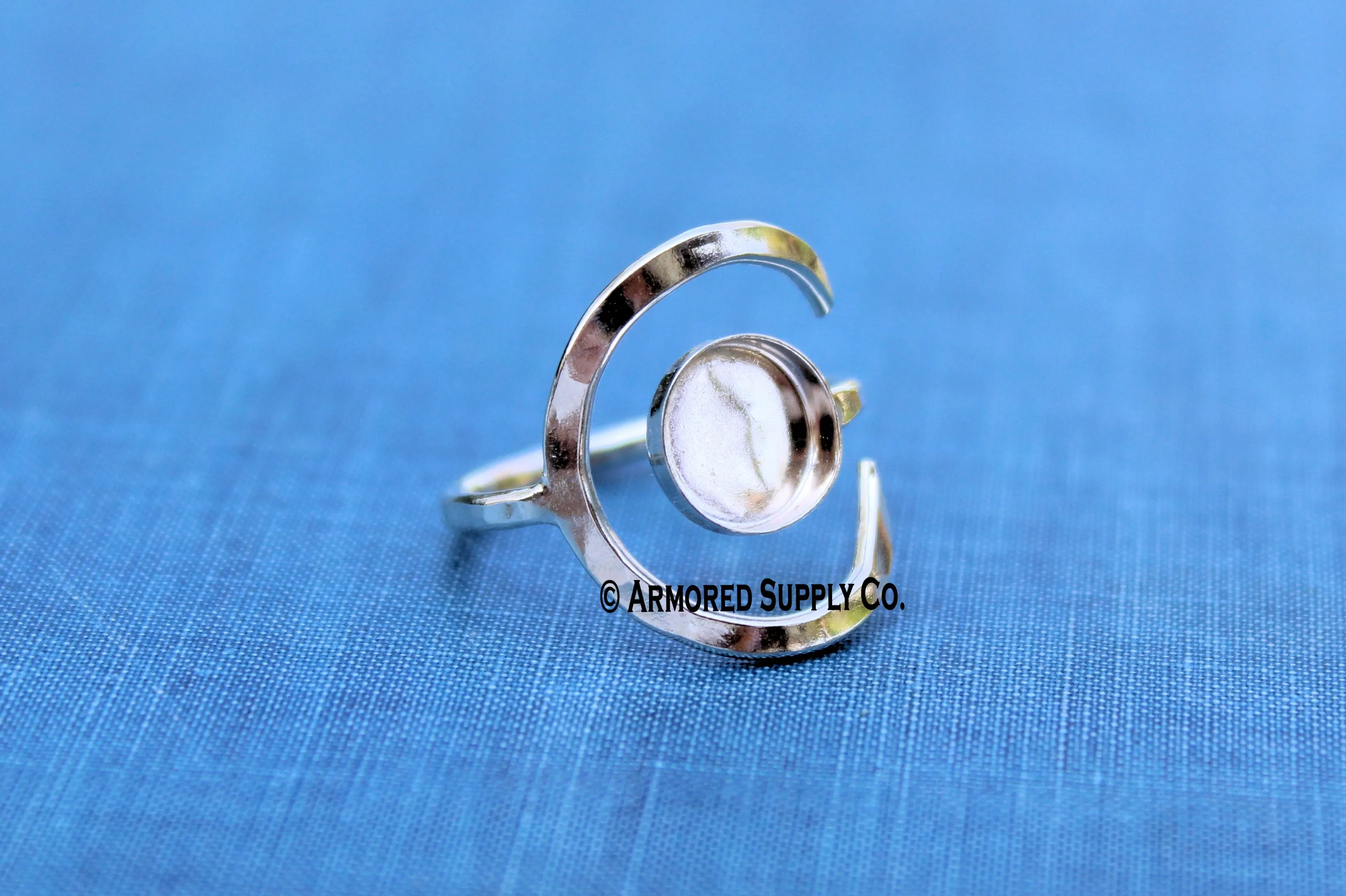 Sterling Silver Hammered Crescent Moon Open Adjustable 3mm Bezel Cup Ring blank