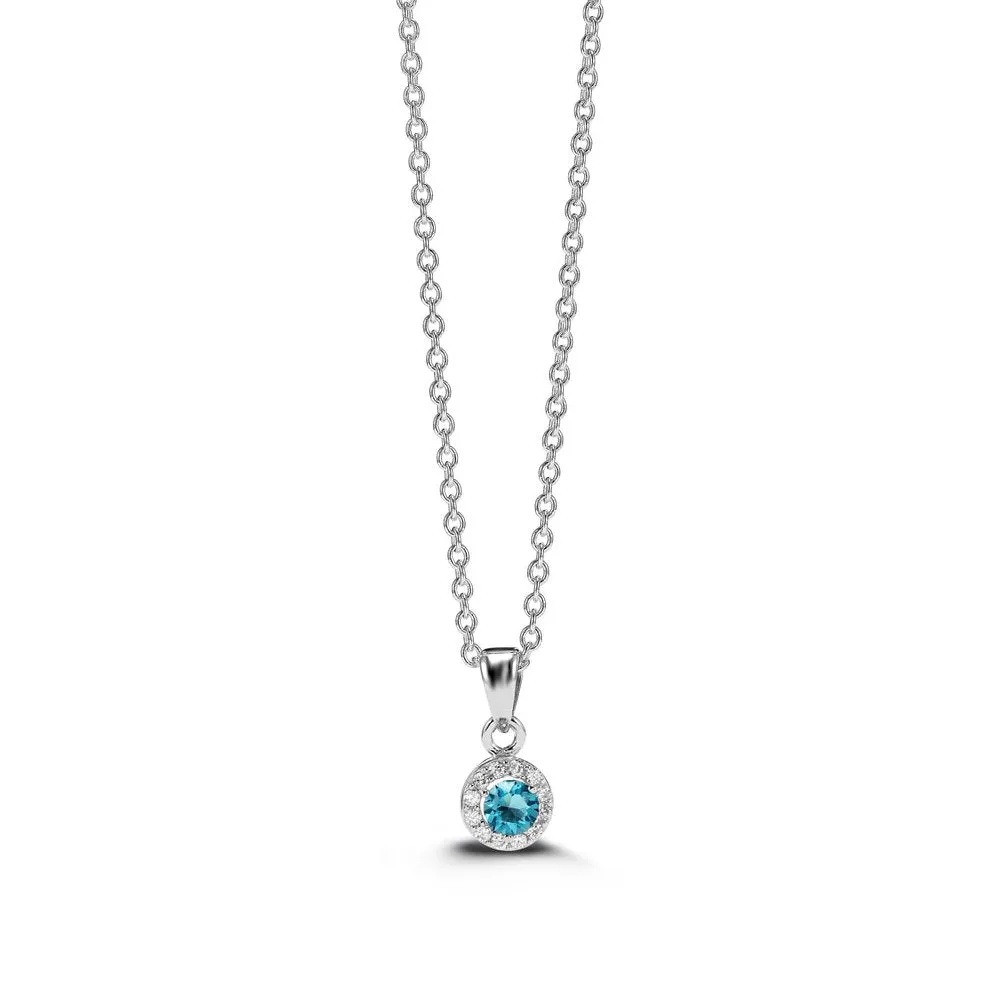 Sterling Silver Rhodium Plated Halo CZ December Birthstone Necklace