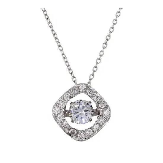 Sterling Silver Rhodium Plated Square Halo Dancing CZ Pendant