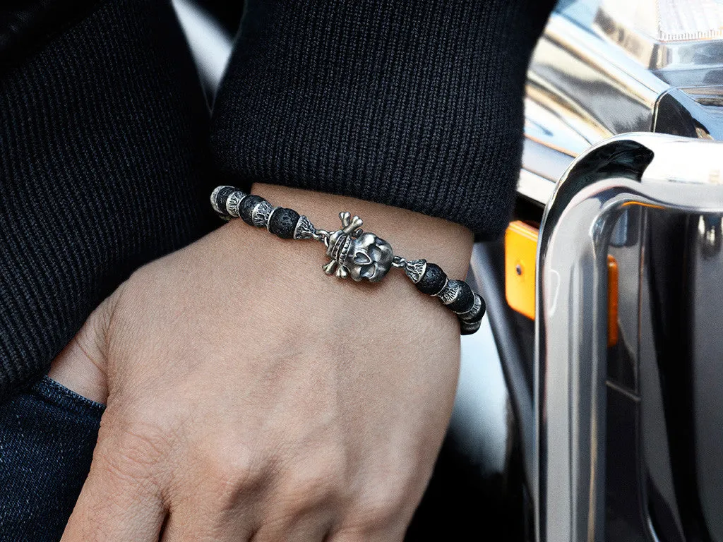Sterling Silver Skull and Bones, Lava Beads Bracelet