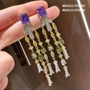Studded Tassel Drop Rhinestone Gold Earrings